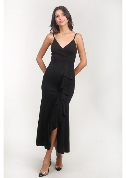 Amulia Ince Askılı Önü Fırfırlı Uzun Abiye Elbise Siyah