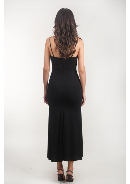 Amulia Ince Askılı Önü Fırfırlı Uzun Abiye Elbise Siyah modelleri