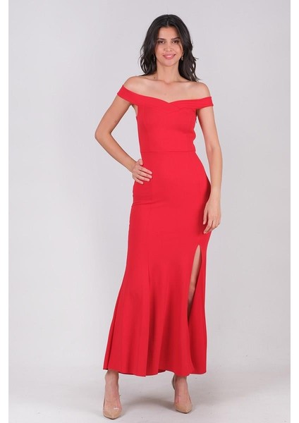 Agrio Eteği Yırtmaçlı Uzun Abiye Elbise Kırmızı