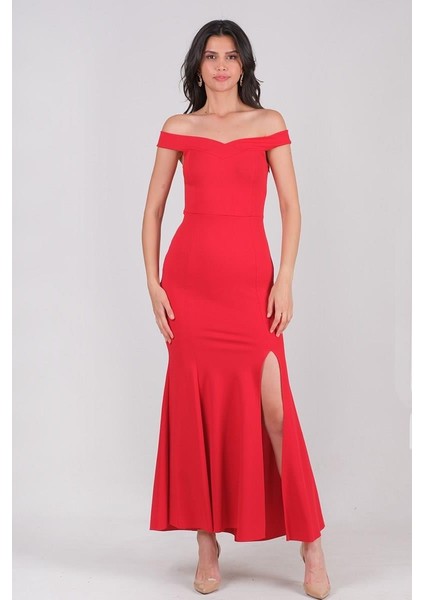 Agrio Eteği Yırtmaçlı Uzun Abiye Elbise Kırmızı fiyatları