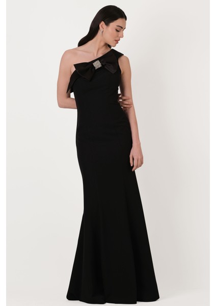 Cruciano Fiyonklu Straplez Yaka Uzun Abiye Elbise Siyah fiyatları