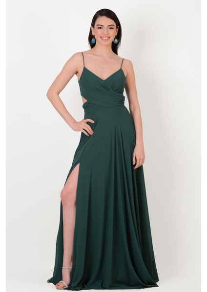 Dantino V Yaka Yırtmaçlı Bel Yanlar Açık Uzun Abiye Elbise Yeşil