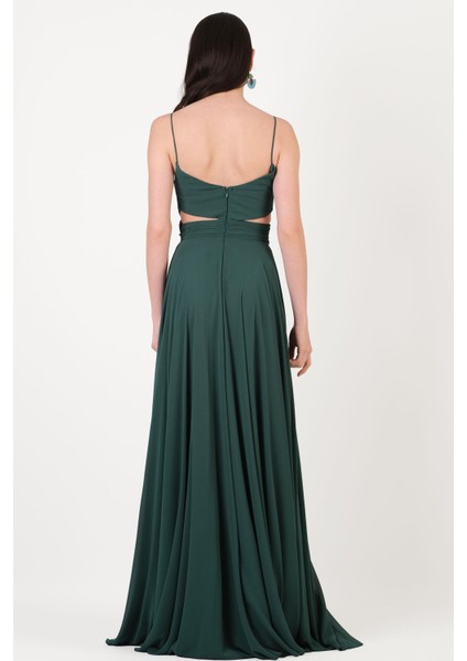 Dantino V Yaka Yırtmaçlı Bel Yanlar Açık Uzun Abiye Elbise Yeşil fiyatları