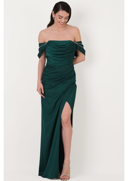 Orfina Straplez Düşük Kol Bel Dpaeli Uzun Abiye Elbise Zümrüt