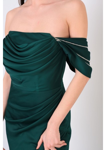 Orfina Straplez Düşük Kol Bel Dpaeli Uzun Abiye Elbise Zümrüt fiyatları