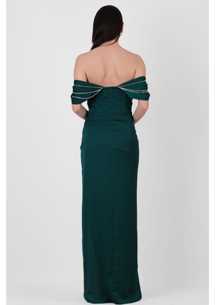 Orfina Straplez Düşük Kol Bel Dpaeli Uzun Abiye Elbise Zümrüt modelleri