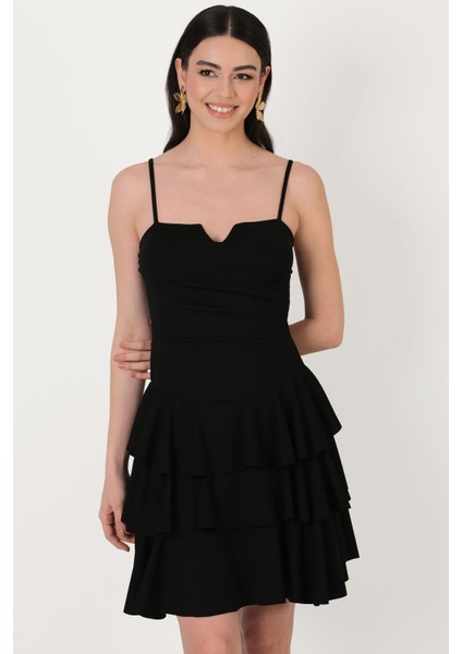 Concesso Askılı Kare Yaka Kat Kat Etek Kısa Abiye Elbise Siyah