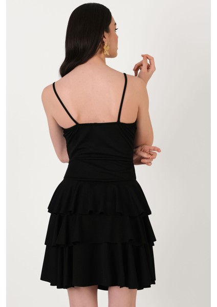 Concesso Askılı Kare Yaka Kat Kat Etek Kısa Abiye Elbise Siyah modelleri