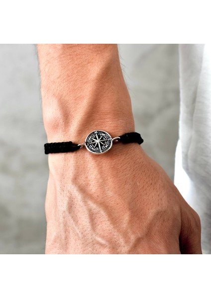 Gümüş Pusula Bileklik 925 Ayar Gümüş Pusula Figürlü Ip Örgü Unisex Bileklik