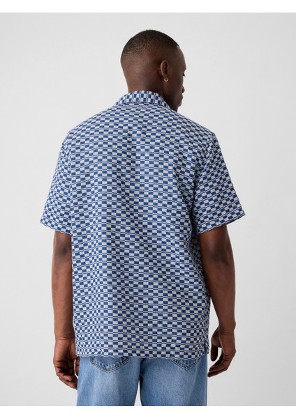 Erkek Mavi Desenli Patchwork Gömlek fırsatları