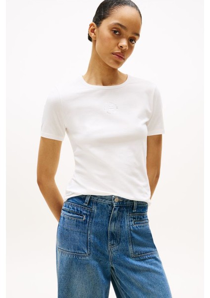 Kadın Grafik Baskılı Bisiklet Yaka T-Shirt - Ekru