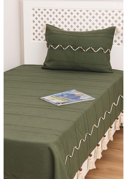 Luna Haki Boncuklu Püsküllü %100 Pamuklu Tek Kişilik Yatak Örtüsü Takımı modelleri