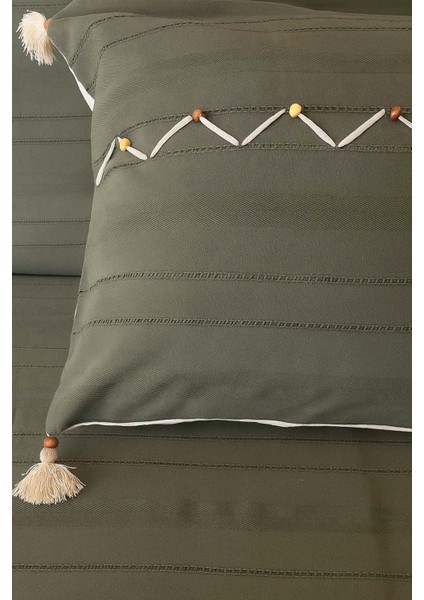 Luna Haki Boncuklu Püsküllü %100 Pamuklu Tek Kişilik Yatak Örtüsü Takımı fırsatları