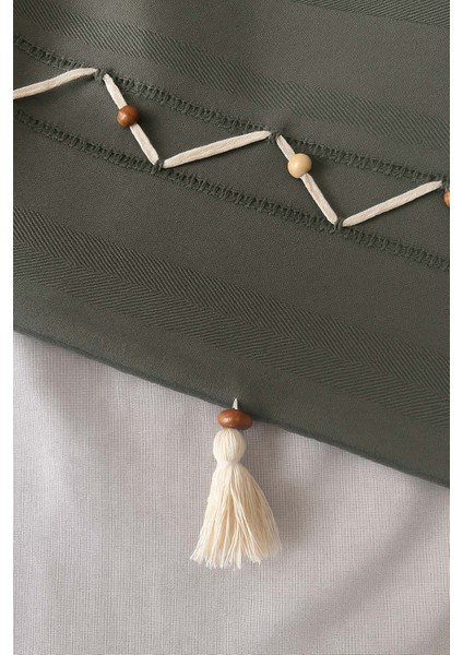 Luna Haki Boncuklu Püsküllü %100 Pamuklu Tek Kişilik Yatak Örtüsü Takımı indirimleri