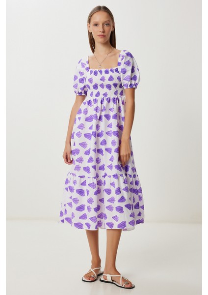 Balon Kollu Desenli Dokuma Elbise LFG0080 Mor Beyaz