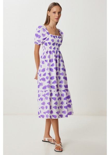 Balon Kollu Desenli Dokuma Elbise LFG0080 Mor Beyaz fiyatları