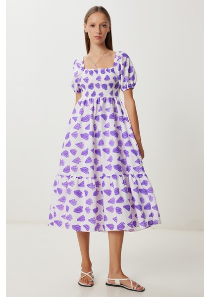 Balon Kollu Desenli Dokuma Elbise LFG0080 Mor Beyaz modelleri