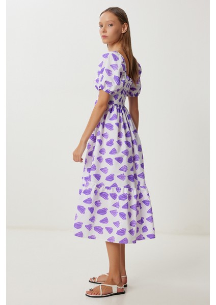Balon Kollu Desenli Dokuma Elbise LFG0080 Mor Beyaz fırsatları
