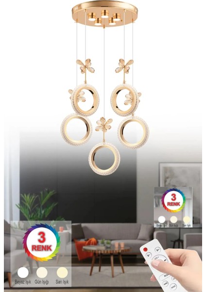Istanbul Avize Halka 5'li Gold Ledli Kristal Taşlı Avize