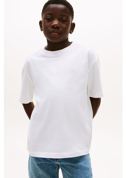 Erkek Çocuk Rahat Kesim Göğsü Tonal Nakışlı T-Shirt - Beyaz
