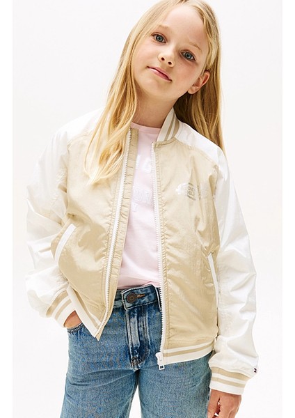 Kız Çocuk Renk Bloklu Kolej Yaka Bomber Ceket - Bej