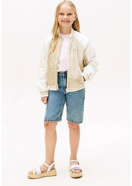 Kız Çocuk Renk Bloklu Kolej Yaka Bomber Ceket - Bej modelleri