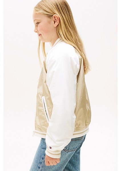 Kız Çocuk Renk Bloklu Kolej Yaka Bomber Ceket - Bej indirimleri