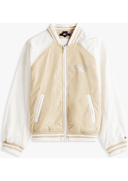 Kız Çocuk Renk Bloklu Kolej Yaka Bomber Ceket - Bej