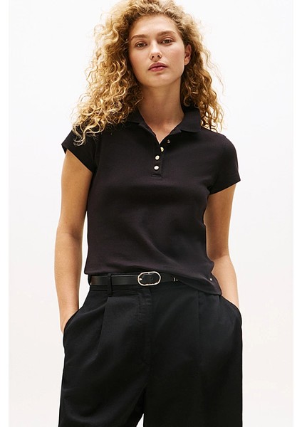 Kadın Tam Kalıp Altın Renk Düğmeli Polo Yaka T-Shirt - Siyah