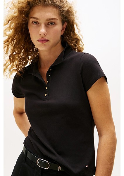 Kadın Tam Kalıp Altın Renk Düğmeli Polo Yaka T-Shirt - Siyah fırsatları