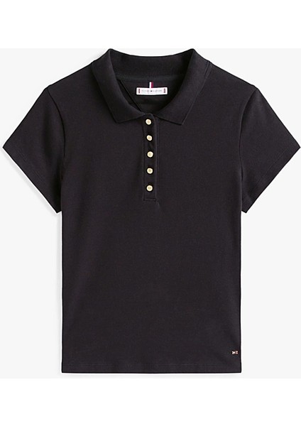 Kadın Tam Kalıp Altın Renk Düğmeli Polo Yaka T-Shirt - Siyah indirimleri