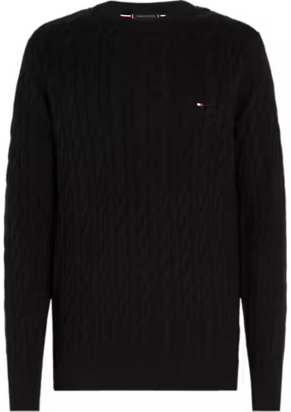 Erkek Bisiklet Yaka Saç Örgüsü Pamuklu Triko Kazak - Siyah