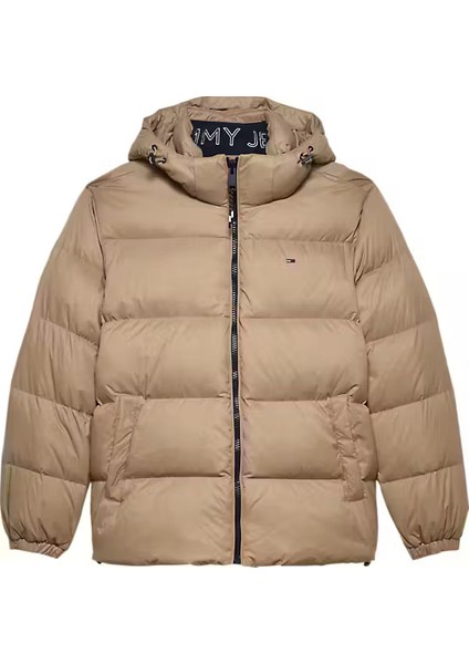 Erkek Kapüşonlu Kaz Tüyü Dolgulu Şişme Mont - Bej