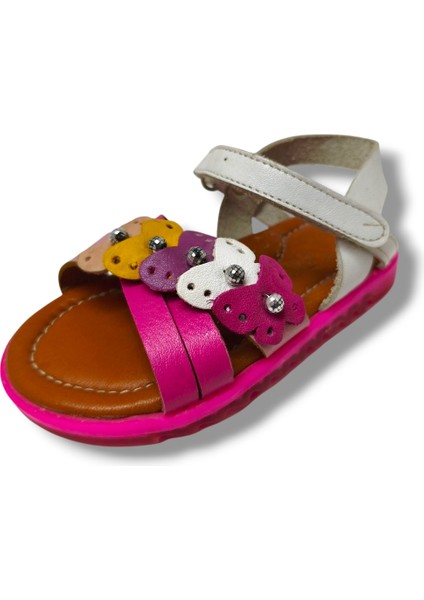 Bagcı 3039-20 Renkli Kalp Cırtlı Kız Çocuk Sandalet Pembe Beyaz 21-25