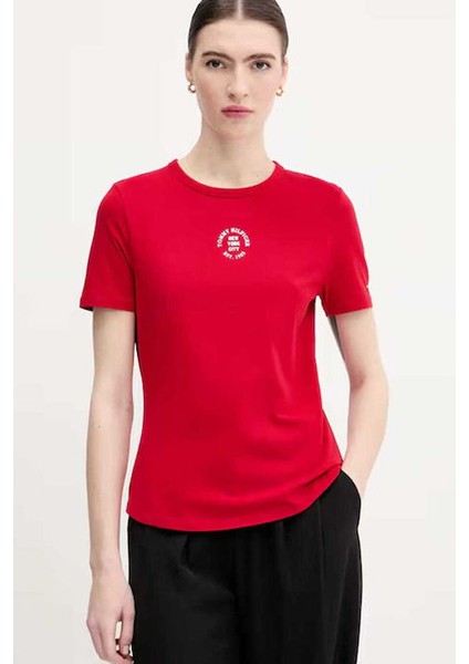 Kadın Grafik Baskılı Bisiklet Yaka T-Shirt - Kırmızı