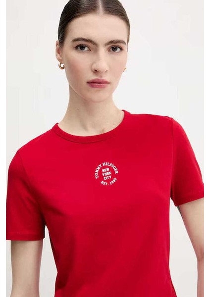 Kadın Grafik Baskılı Bisiklet Yaka T-Shirt - Kırmızı modelleri