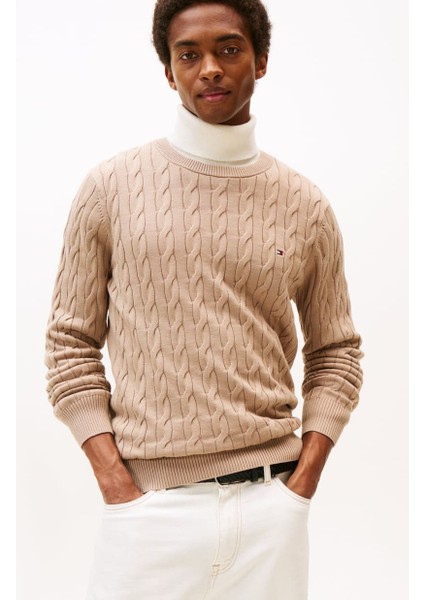 Erkek Bisiklet Yaka Saç Örgüsü Pamuklu Triko Kazak - Bej