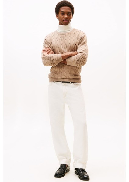 Erkek Bisiklet Yaka Saç Örgüsü Pamuklu Triko Kazak - Bej fiyatları