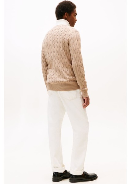 Erkek Bisiklet Yaka Saç Örgüsü Pamuklu Triko Kazak - Bej modelleri