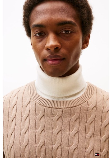 Erkek Bisiklet Yaka Saç Örgüsü Pamuklu Triko Kazak - Bej fırsatları