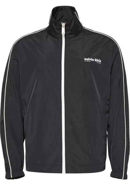 Erkek Dik Yaka Kolu Şeritli Track Ceket - Siyah