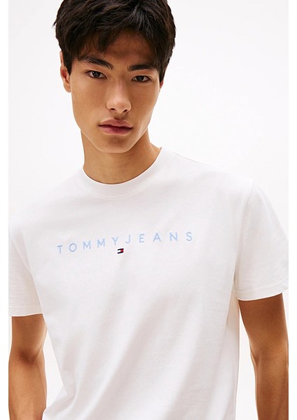 Erkek Bisiklet Yaka Logo Baskılı T-Shirt - Ekru fırsatları