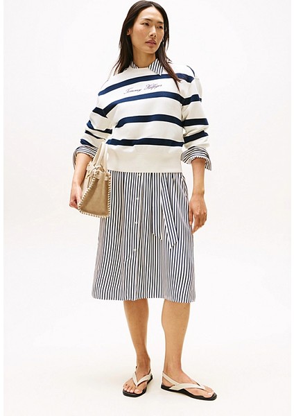 Kadın Çizgili ve Yazı Nakışlı Sweatshirt - Ekru/lacivert fiyatları