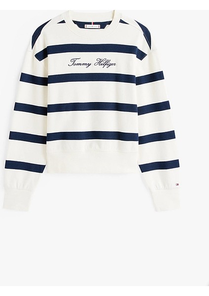 Kadın Çizgili ve Yazı Nakışlı Sweatshirt - Ekru/lacivert indirimleri