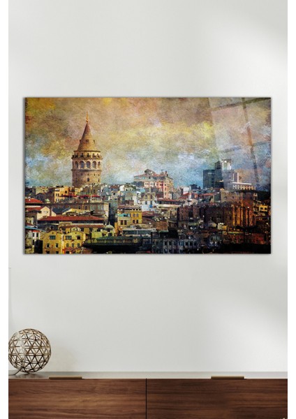 Eskitme Detay Galata Cam Tablo, Modern Ev ve Ofis Dekoru, Hediyelik Duvar Dekorasyonu, Kırılmaz Cam