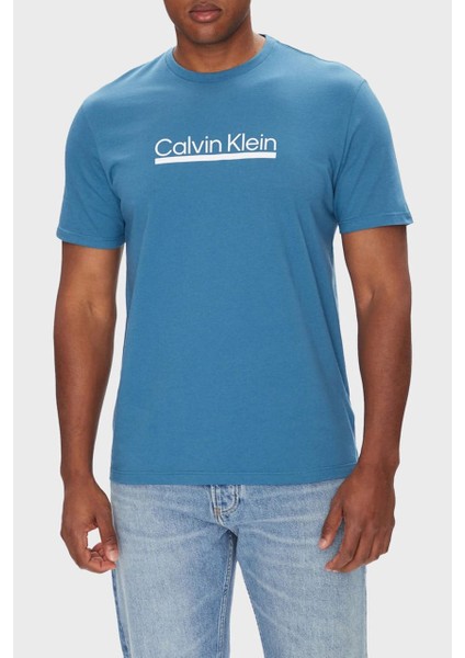 Erkek Bisiklet Yaka Yazı Baskılı T-Shirt - Mavi