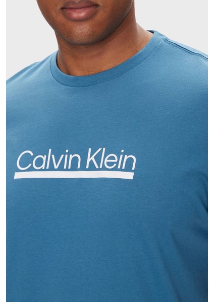 Erkek Bisiklet Yaka Yazı Baskılı T-Shirt - Mavi modelleri