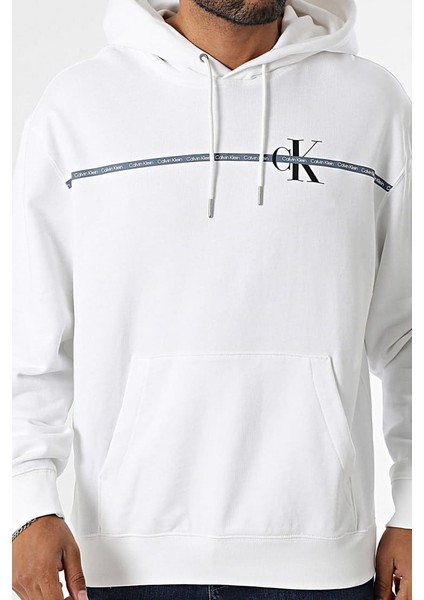 Erkek Regular Fit Şerit Grafik Baskılı Kapüşonlu Sweatshirt - Beyaz