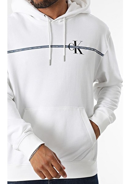 Erkek Regular Fit Şerit Grafik Baskılı Kapüşonlu Sweatshirt - Beyaz modelleri