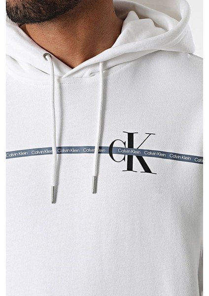 Erkek Regular Fit Şerit Grafik Baskılı Kapüşonlu Sweatshirt - Beyaz fırsatları